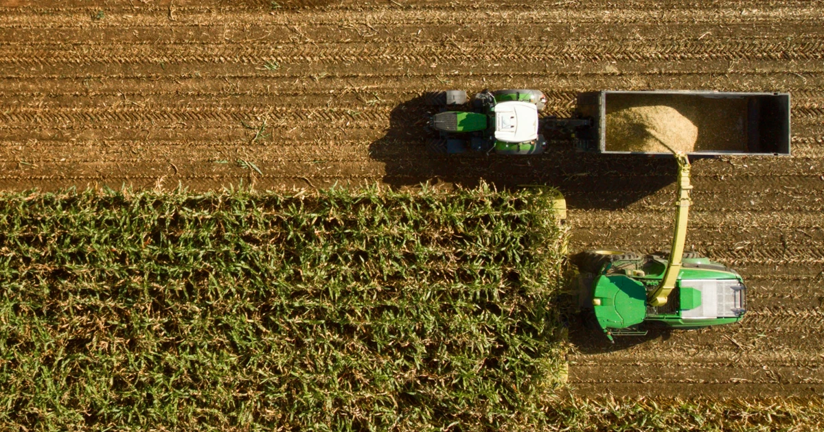 top down shot of combine harvesting green field
