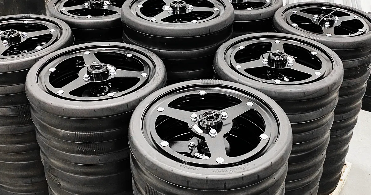 stacks of MudSmith spoked gauge wheels