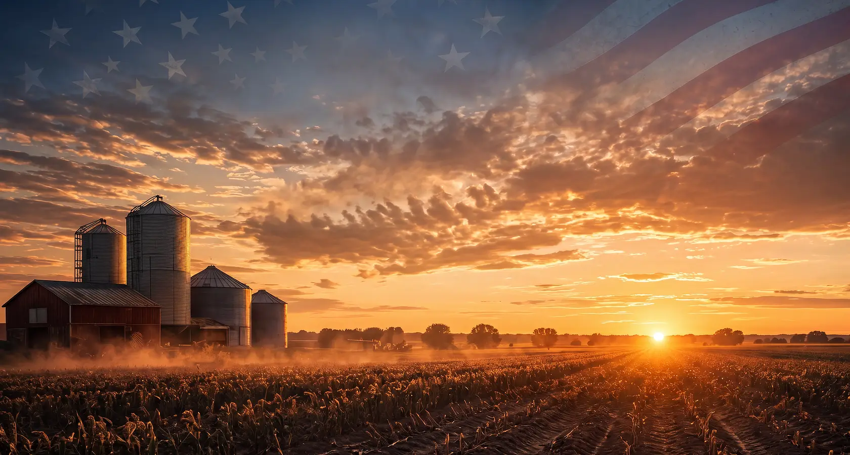 farm and field at sunset